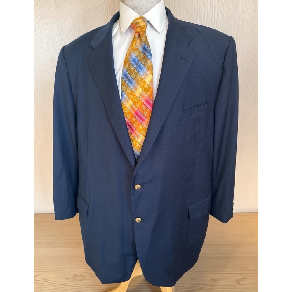 Hickey Freeman 52R Navy Blue Gold Buttons Bespoke Super 150s Wool Blazer Jacket